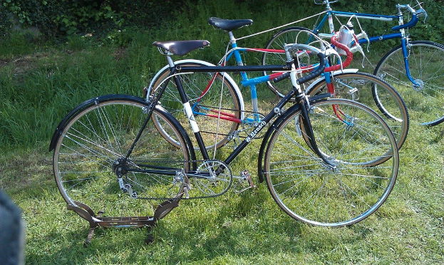 Mehrere Fahrräder sind auf einer Rasenfläche geparkt, mit Pflanzen sichtbar an der Spitze des Bildes.