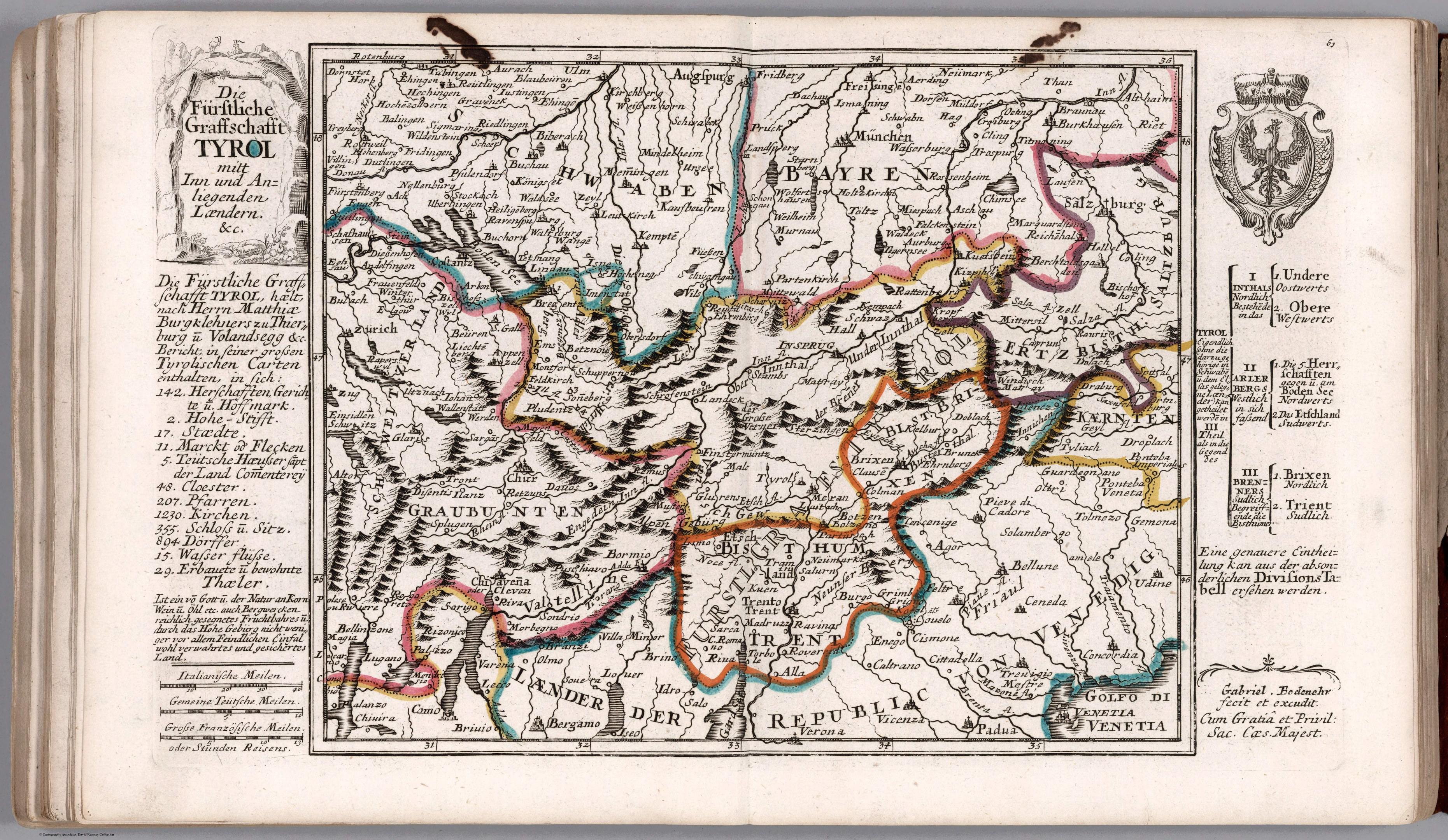 Offenes Buch mit einer detaillierten Karte von Deutschland mit geografischen Merkmalen wie Flüssen, Bergen und Städten, begleitet von beschreibendem Text.