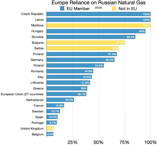 Eine Säulendiagramm, das den prozentualen Anteil von Europas Abhängigkeit von russischem Erdgas zeigt, mit Text, der die Investitionsprozente angibt.