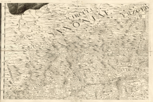 Ein detailliertes altes Sachsen-Karte von Deutschland, das geografische Merkmale wie Flüsse, Berge und Städte zeigt, mit begleitendem Text, der zusätzliche Informationen über die Region und ihre Einwohner liefert.