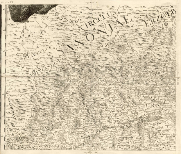 Ein detailliertes altes Sachsen-Karte von Deutschland, das geografische Merkmale wie Flüsse, Berge und Städte zeigt, mit begleitendem Text, der zusätzliche Informationen über die Region und ihre Einwohner liefert.