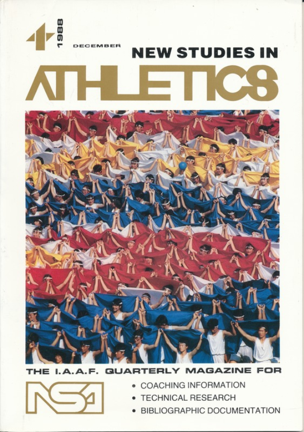 Ein Buchumschlag mit der Aufschrift "Neue Studien im Leichtathletik 1988", der eine Gruppe von Menschen in Sportbekleidung während des Trainings zeigt, mit einem hellblauen Himmel, weißen Wolken und fernen Bäumen im Hintergrund.