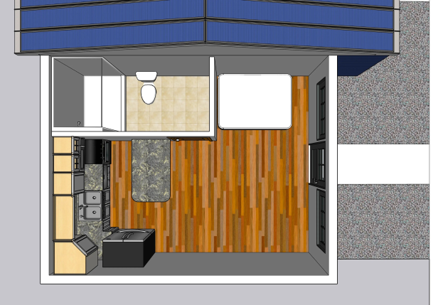 Grundriss eines Tiny House mit Küche und Wohnzimmer, einschließlich Toilettensitz, Spüle, Schränken und anderen Einrichtungsgegenständen.