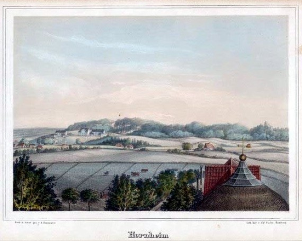 Eine Panoramansicht eines Bauernhofs in Horenheim, Deutschland, von Nordwesten aus, mit Bäumen, Feldern, Häusern und Tieren im Vordergrund und einem Himmel im Hintergrund, eingerahmt von einem Rand mit dem Standorttext.